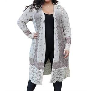 NEW VOCAL APPAREL curvy lace contrast cardigan in taupe